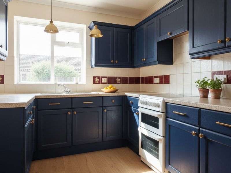 The same kitchen in deep navy shaker cabinets with brass handles, brass pendant lights and an oak floor. The window, the cooker and the burgundy tile border are unchanged.