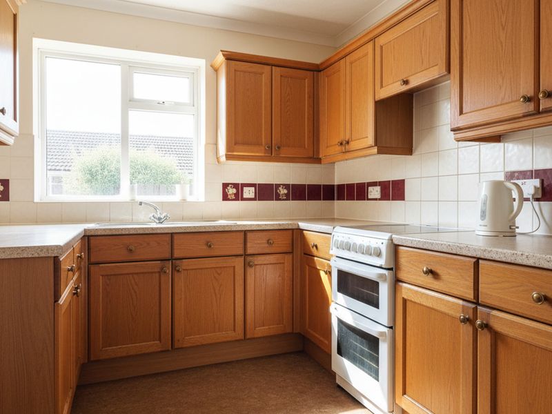 A tired kitchen with light oak cabinets, a burgundy tile border along the splashback, mottled beige worktops and brown carpet on the floor.