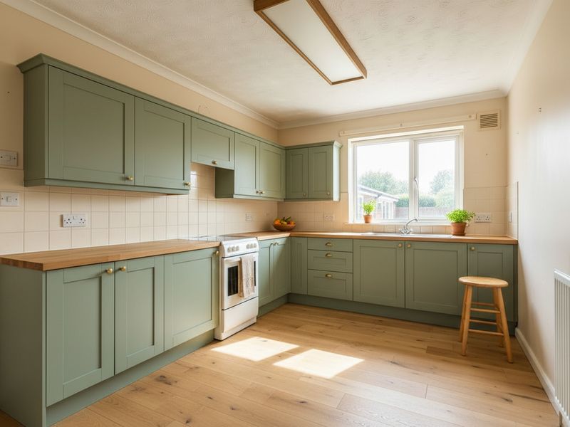 The same kitchen redesigned with sage green shaker cabinets, oak worktops and a pale oak floor. The window, the radiator and the wooden stool are still exactly where they were.