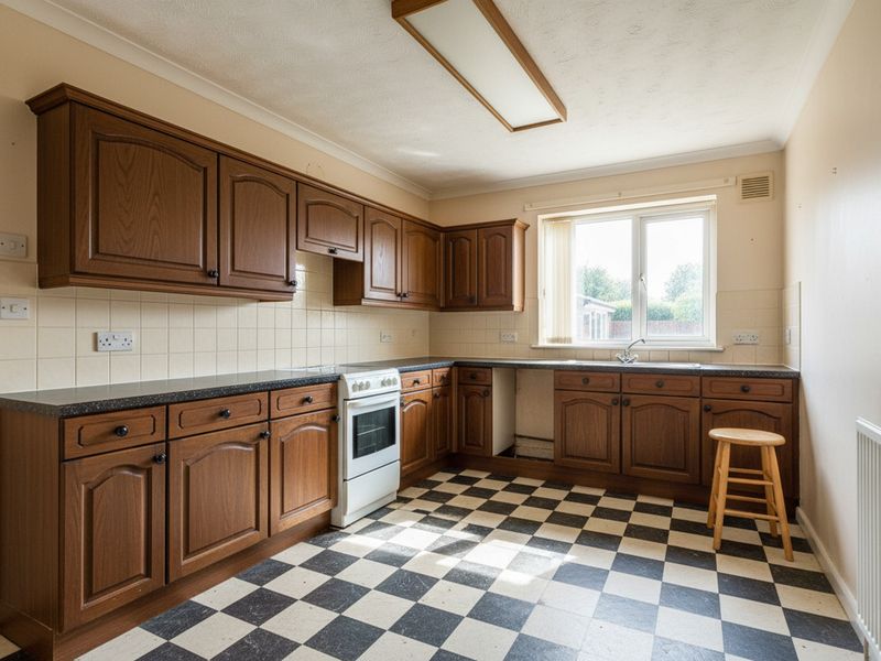 A dated kitchen photographed from the doorway: dark brown raised-panel cabinets, black speckled worktops and a black-and-white checkerboard vinyl floor, lit by one window over the sink.