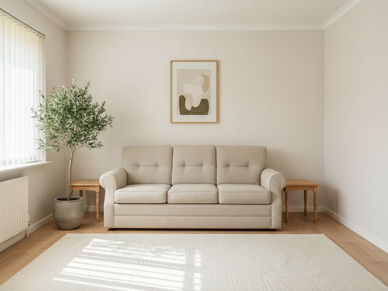 The same living room in warm off-white with a pale linen sofa, an oak floor, a potted olive tree and a framed print. The window, the radiator and both side tables have not moved.