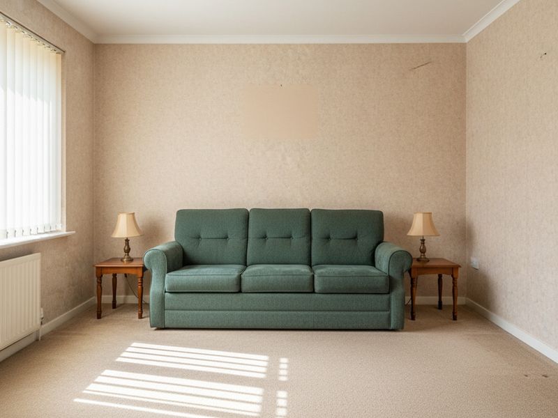 A bare living room with beige patterned wallpaper, beige carpet, a green three-seater sofa and two small wooden side tables with matching lamps.
