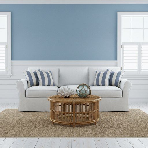 A room in a coastal style: linen, whitewashed wood and bright sea light.