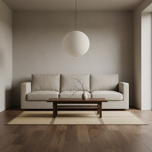 A room in a Japandi style: low natural-wood furniture and a quiet, uncluttered arrangement.