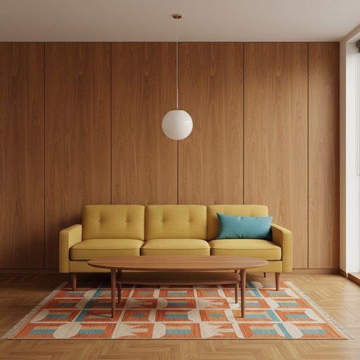 A room in a mid-century style: walnut furniture on tapered legs.
