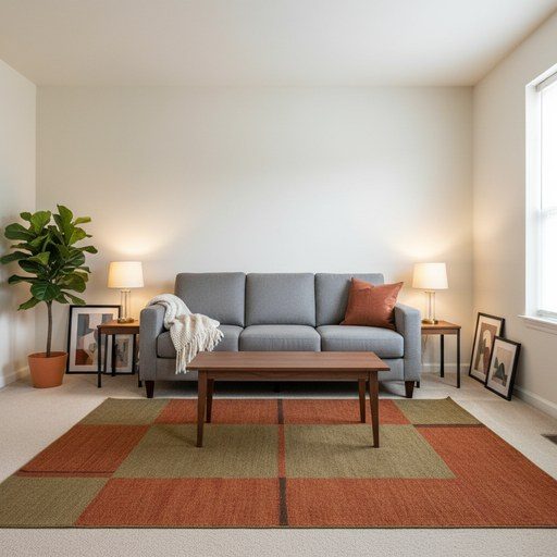A room furnished with free-standing pieces and a rug, nothing fixed to the walls or floor.