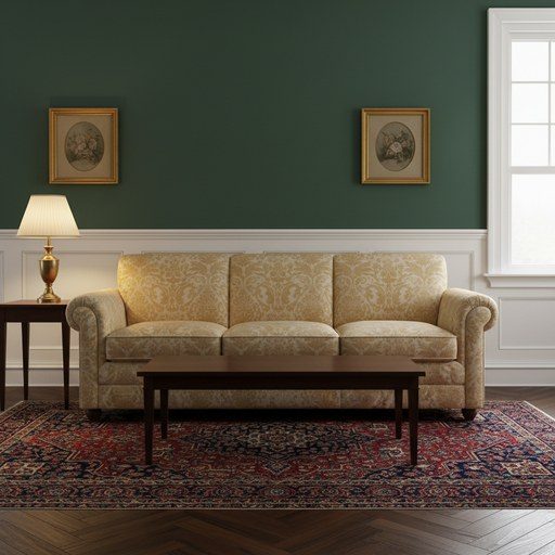 A room in a traditional style: painted millwork, panelling and comfortable upholstery.